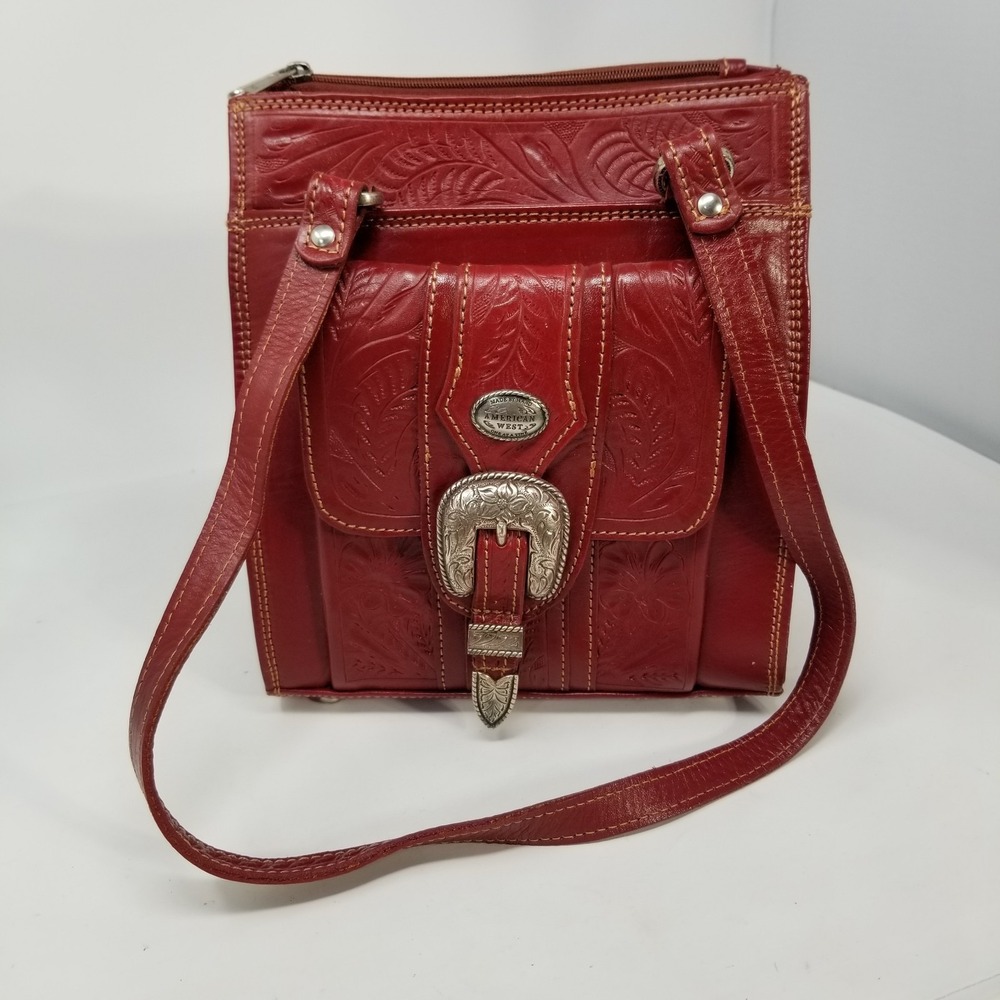 AMERICAN WEST Leather Handbag Hand Tooled Leather Satchel Sturdy Red Western